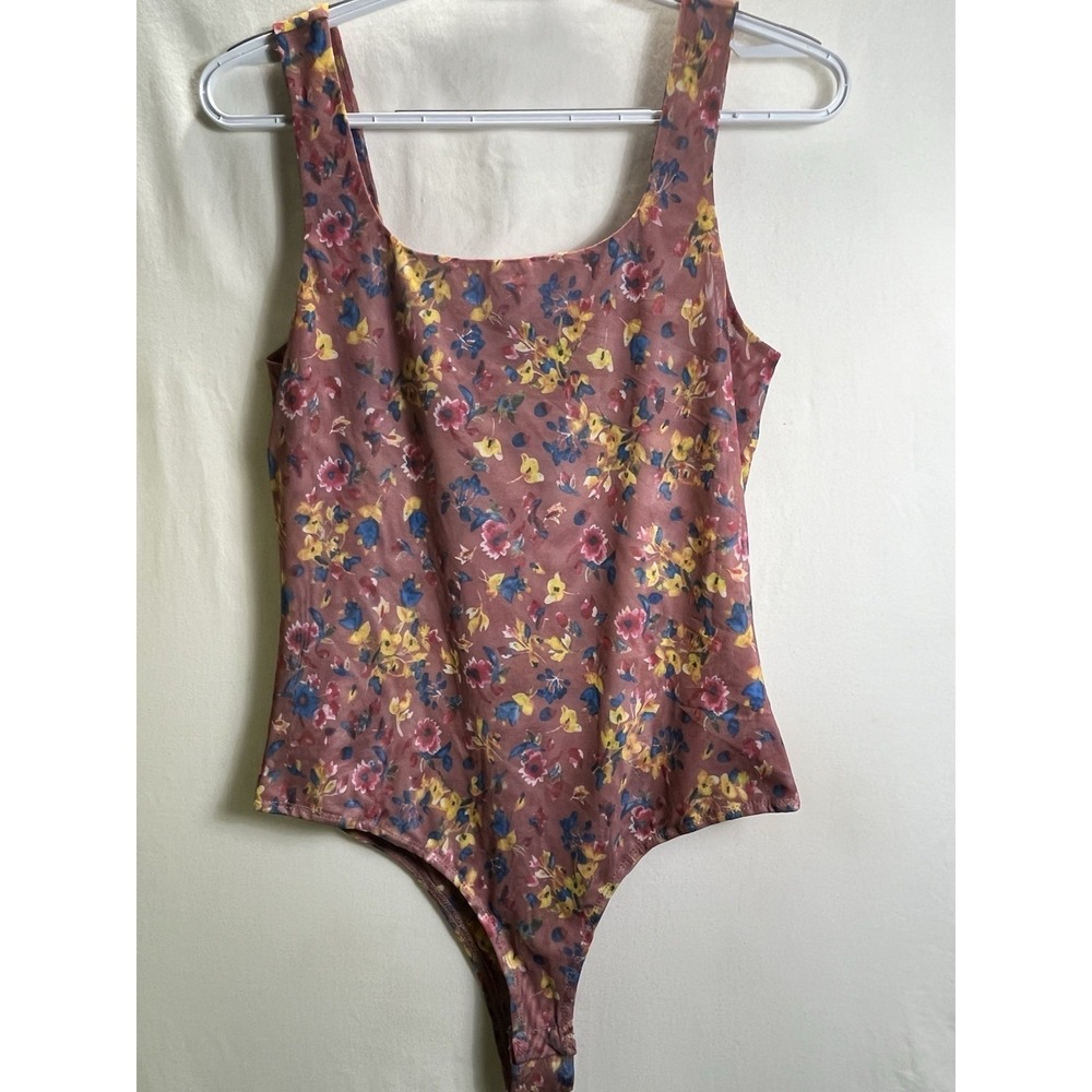 Lulus Womens Large Floral Mesh Square Neck Sleeveless Thong Bodysuit Pink L